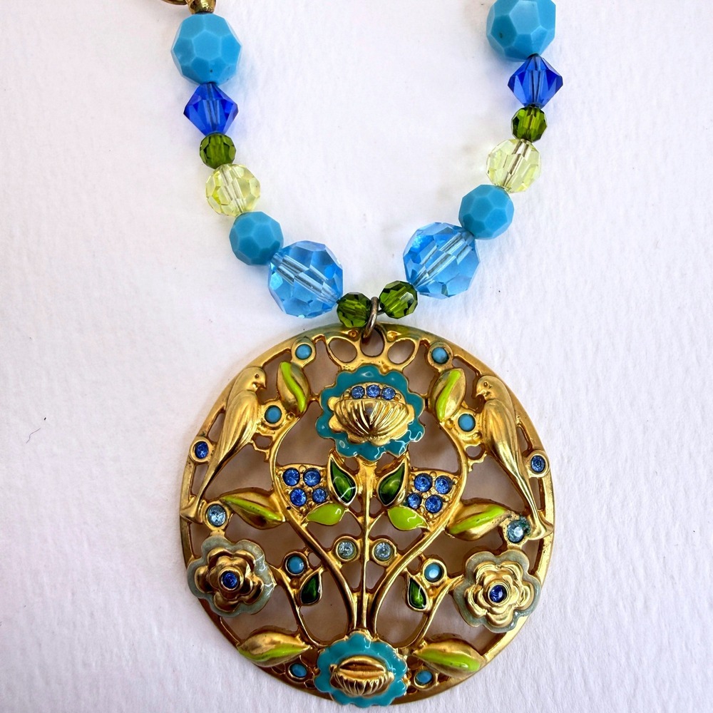 Swarovski Bird Medallion Necklace Enamel Floral Gold Tone Crystal Beaded